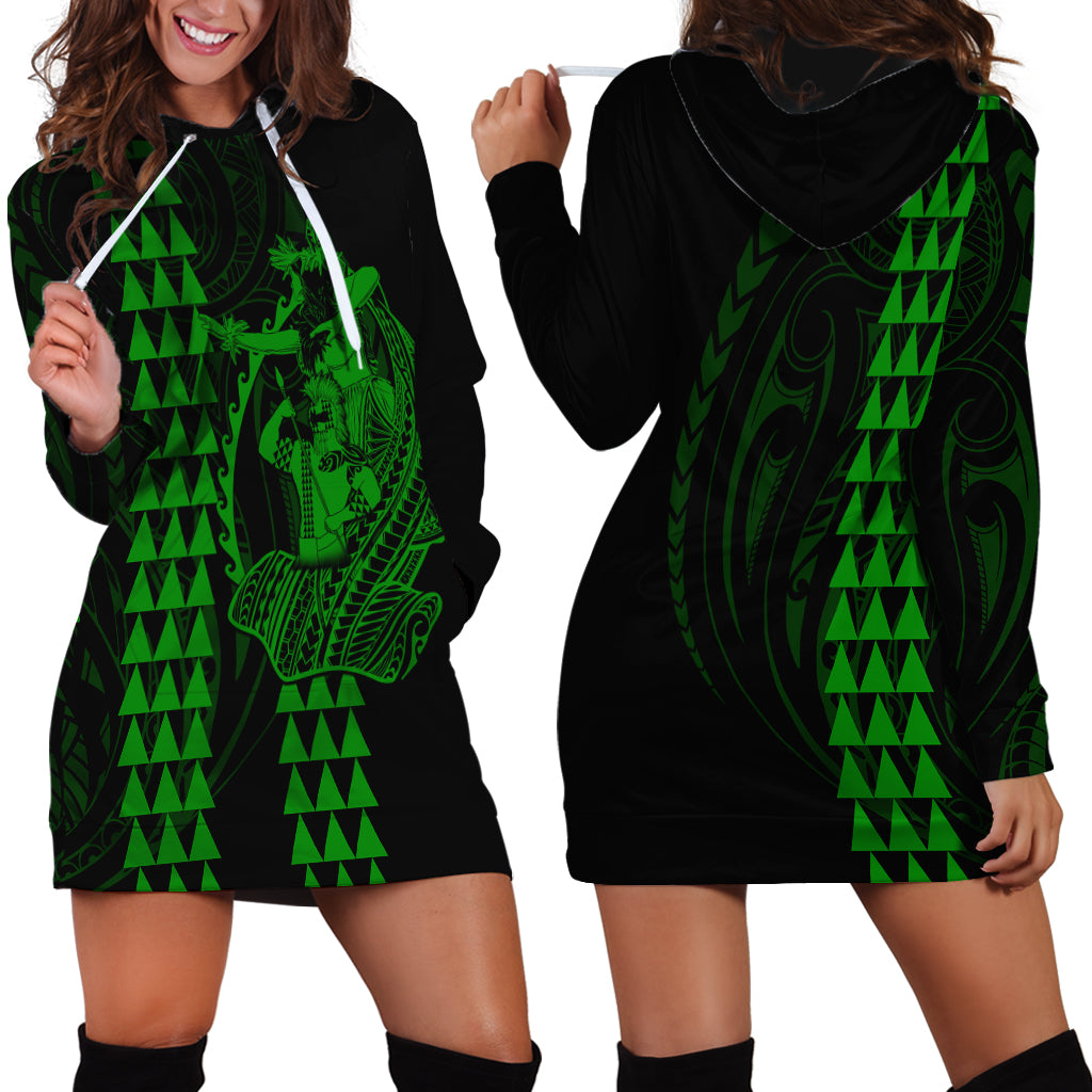 Polynesian Hoodie Dress Hawaiian Warrior and Aloha Girl With Hammerhead Shark Tattoos Green LT6 - Wonder Print Shop
