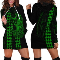 Polynesian Hoodie Dress Hawaiian Warrior and Aloha Girl With Hammerhead Shark Tattoos Green LT6 - Wonder Print Shop