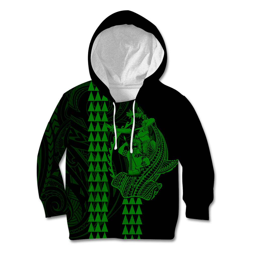 Polynesian Kid Hoodie Hawaiian Warrior and Aloha Girl With Hammerhead Shark Tattoos Green LT6 - Wonder Print Shop