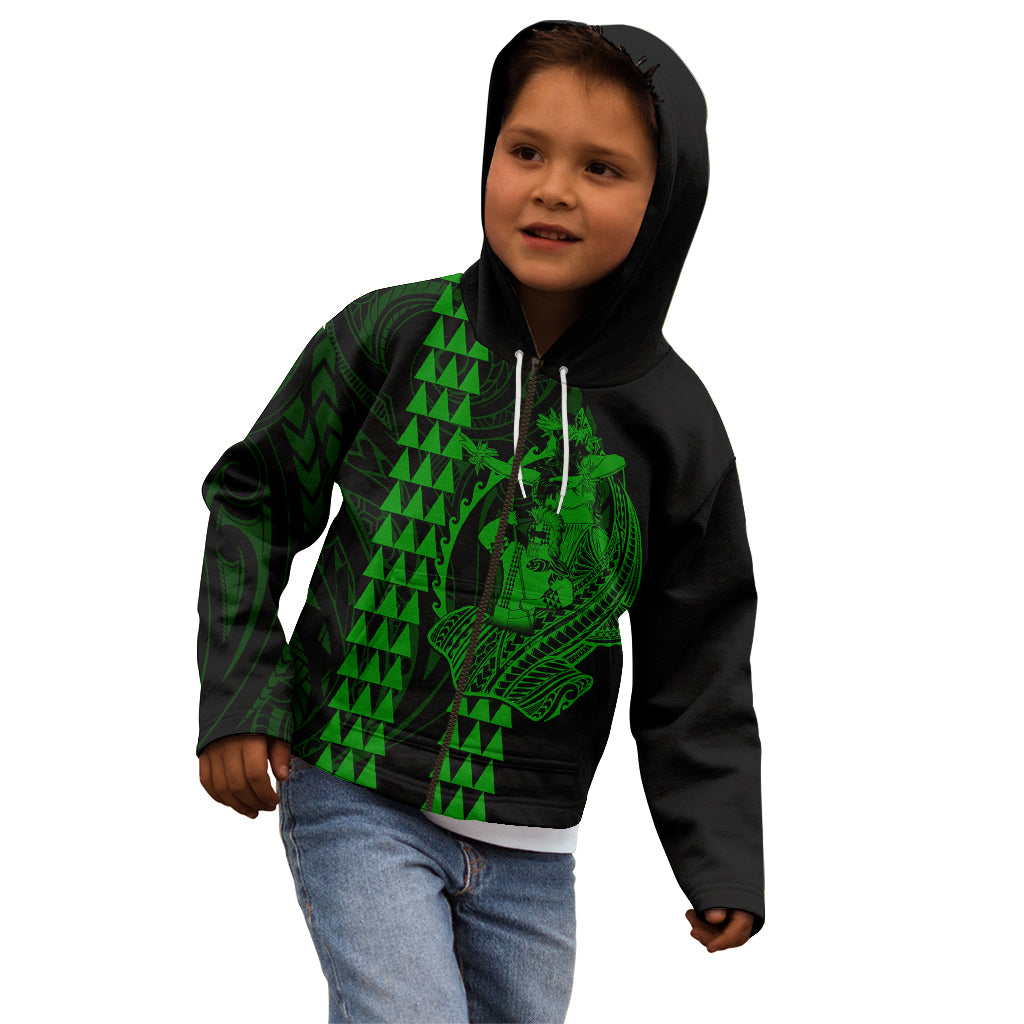 Polynesian Kid Hoodie Hawaiian Warrior and Aloha Girl With Hammerhead Shark Tattoos Green LT6 - Wonder Print Shop