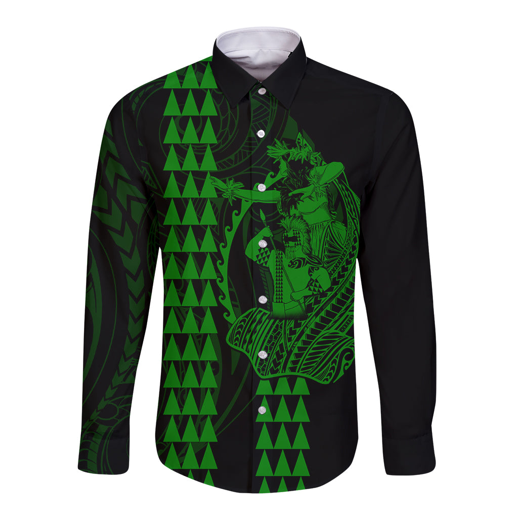 Polynesian Long Sleeve Button Shirt Hawaiian Warrior and Aloha Girl With Hammerhead Shark Tattoos Green LT6 - Wonder Print Shop