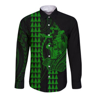 Polynesian Long Sleeve Button Shirt Hawaiian Warrior and Aloha Girl With Hammerhead Shark Tattoos Green LT6 - Wonder Print Shop