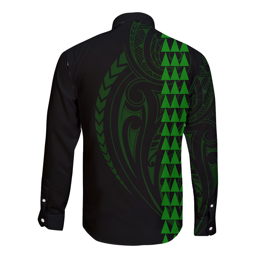 Polynesian Long Sleeve Button Shirt Hawaiian Warrior and Aloha Girl With Hammerhead Shark Tattoos Green LT6 - Wonder Print Shop