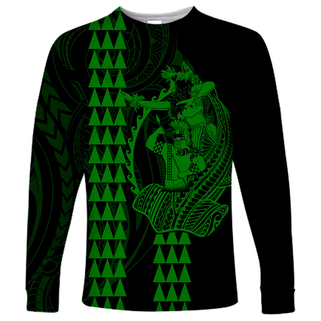 Polynesian Long Sleeve Shirt Hawaiian Warrior and Aloha Girl With Hammerhead Shark Tattoos Green LT6 - Wonder Print Shop