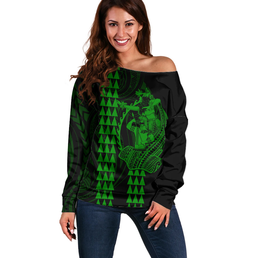 Polynesian Off Shoulder Sweater Hawaiian Warrior and Aloha Girl With Hammerhead Shark Tattoos Green LT6 - Wonder Print Shop