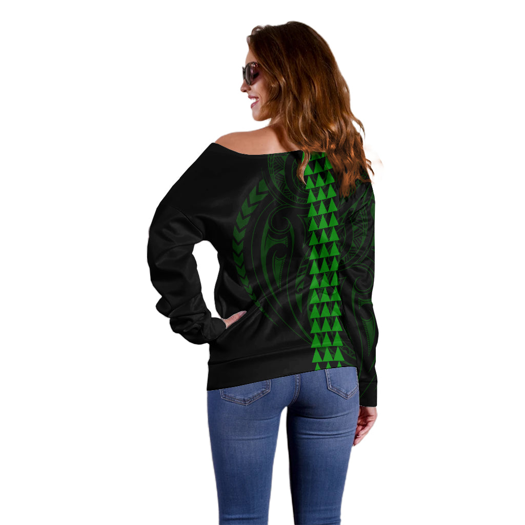 Polynesian Off Shoulder Sweater Hawaiian Warrior and Aloha Girl With Hammerhead Shark Tattoos Green LT6 - Wonder Print Shop
