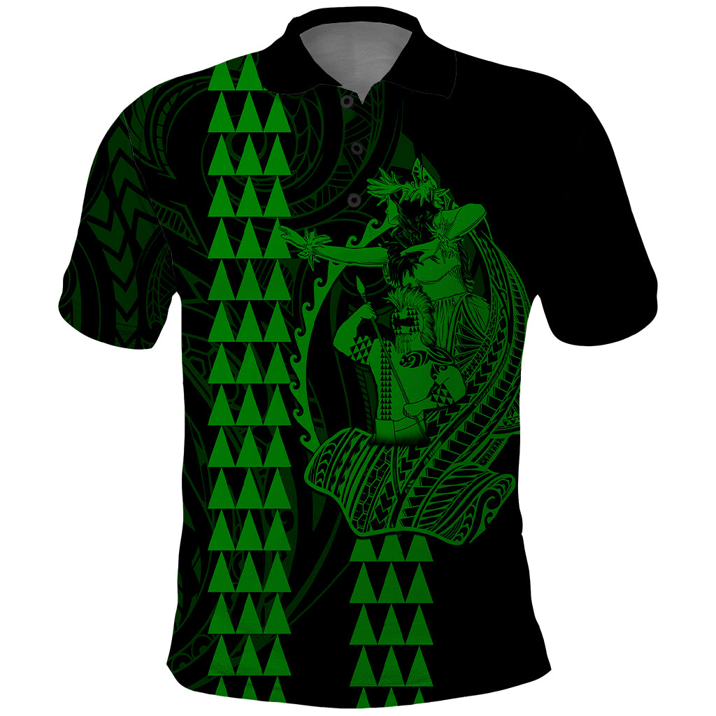 Polynesian Polo Shirt Hawaiian Warrior and Aloha Girl With Hammerhead Shark Tattoos Green LT6 - Wonder Print Shop