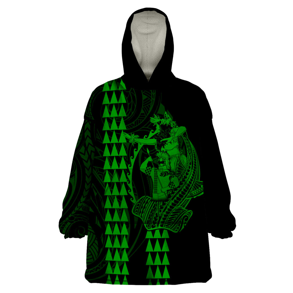 Polynesian Wearable Blanket Hoodie Hawaiian Warrior and Aloha Girl With Hammerhead Shark Tattoos Green LT6 - Wonder Print Shop