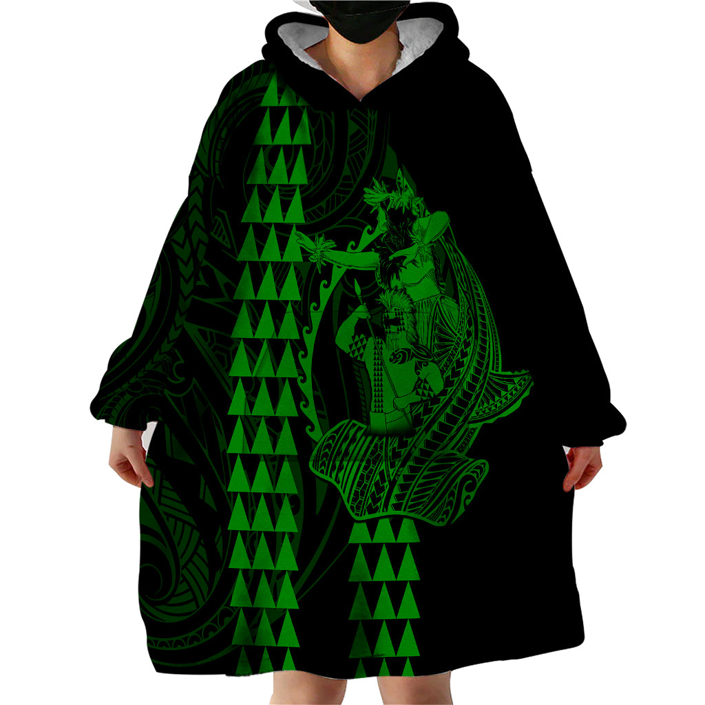 Polynesian Wearable Blanket Hoodie Hawaiian Warrior and Aloha Girl With Hammerhead Shark Tattoos Green LT6 - Wonder Print Shop
