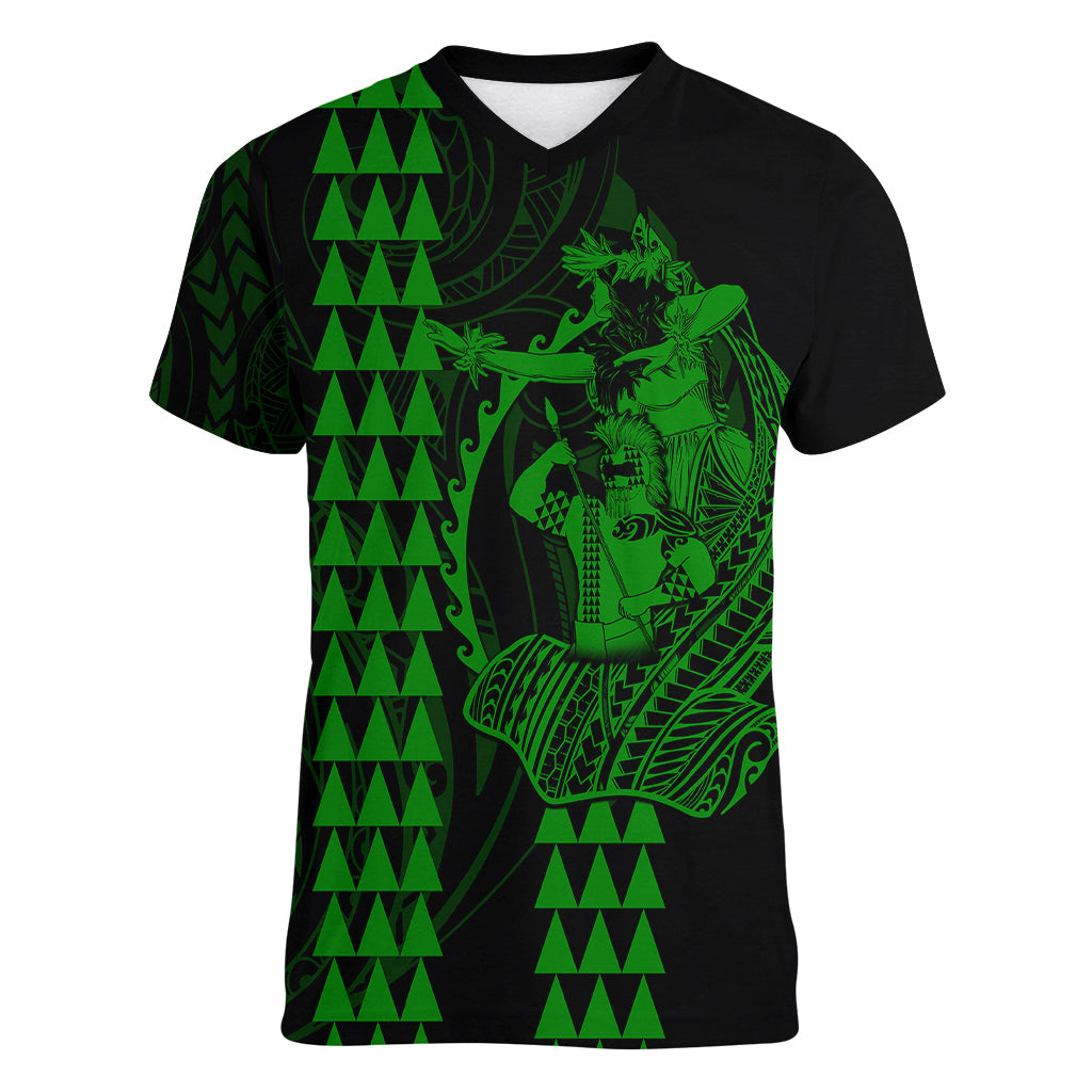 Polynesian Women V Neck T Shirt Hawaiian Warrior and Aloha Girl With Hammerhead Shark Tattoos Green LT6 - Wonder Print Shop
