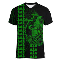 Polynesian Women V Neck T Shirt Hawaiian Warrior and Aloha Girl With Hammerhead Shark Tattoos Green LT6 - Wonder Print Shop