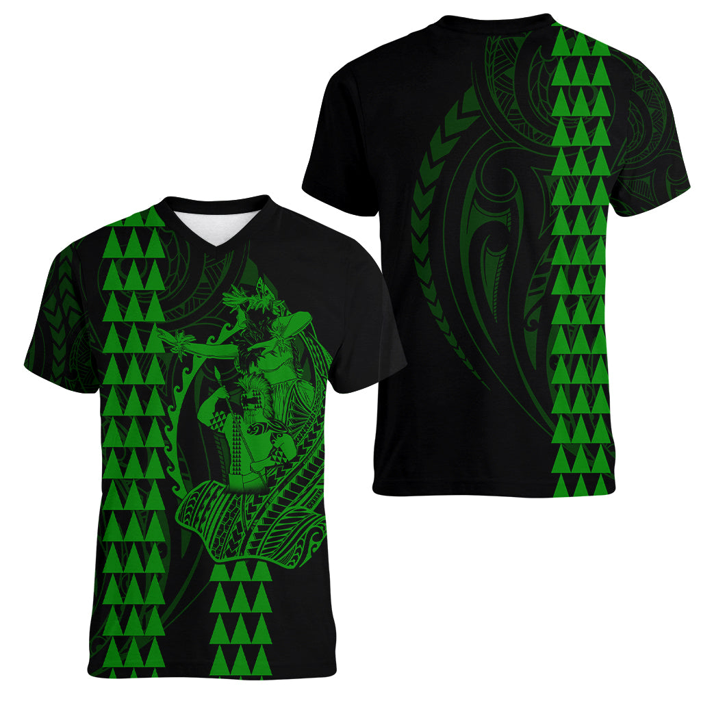 Polynesian Women V Neck T Shirt Hawaiian Warrior and Aloha Girl With Hammerhead Shark Tattoos Green LT6 - Wonder Print Shop