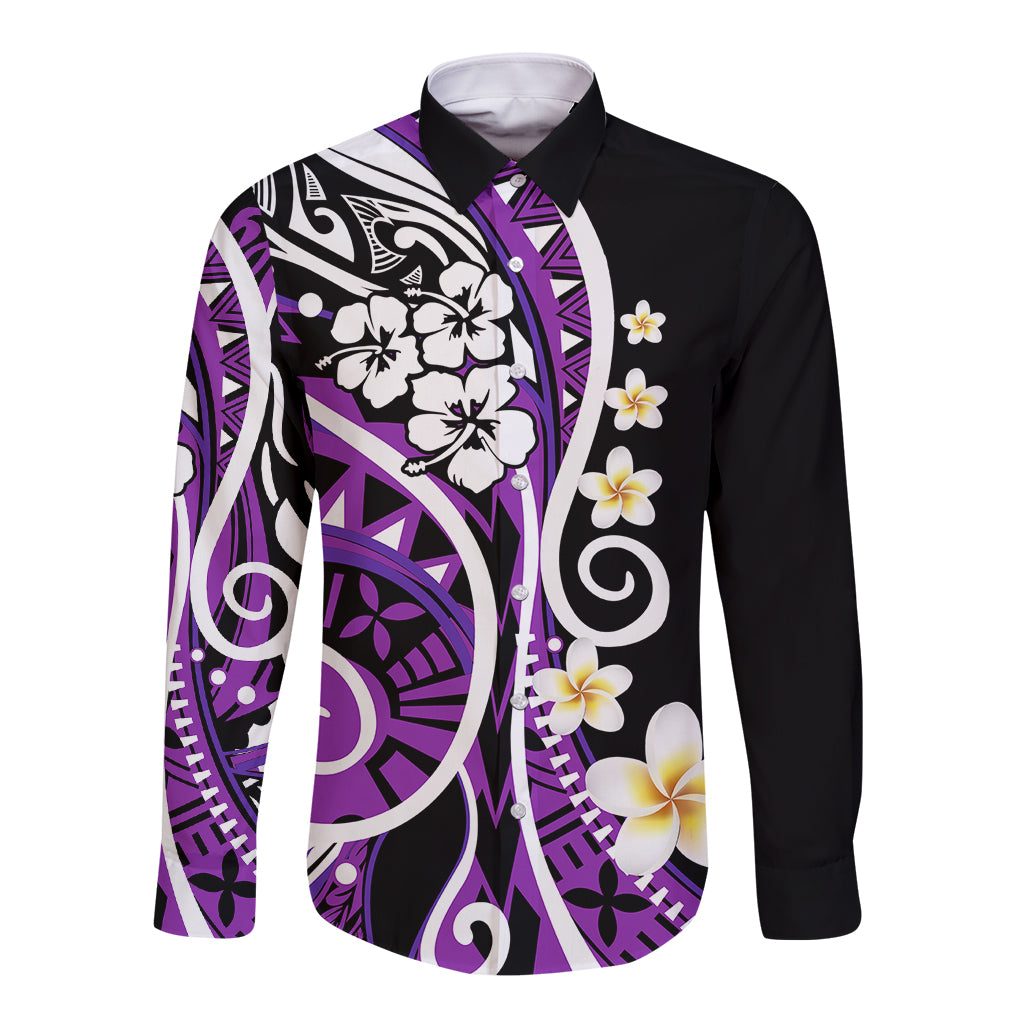 Plumeria Polynesian Long Sleeve Button Shirt Trending Purple LT6 - Wonder Print Shop