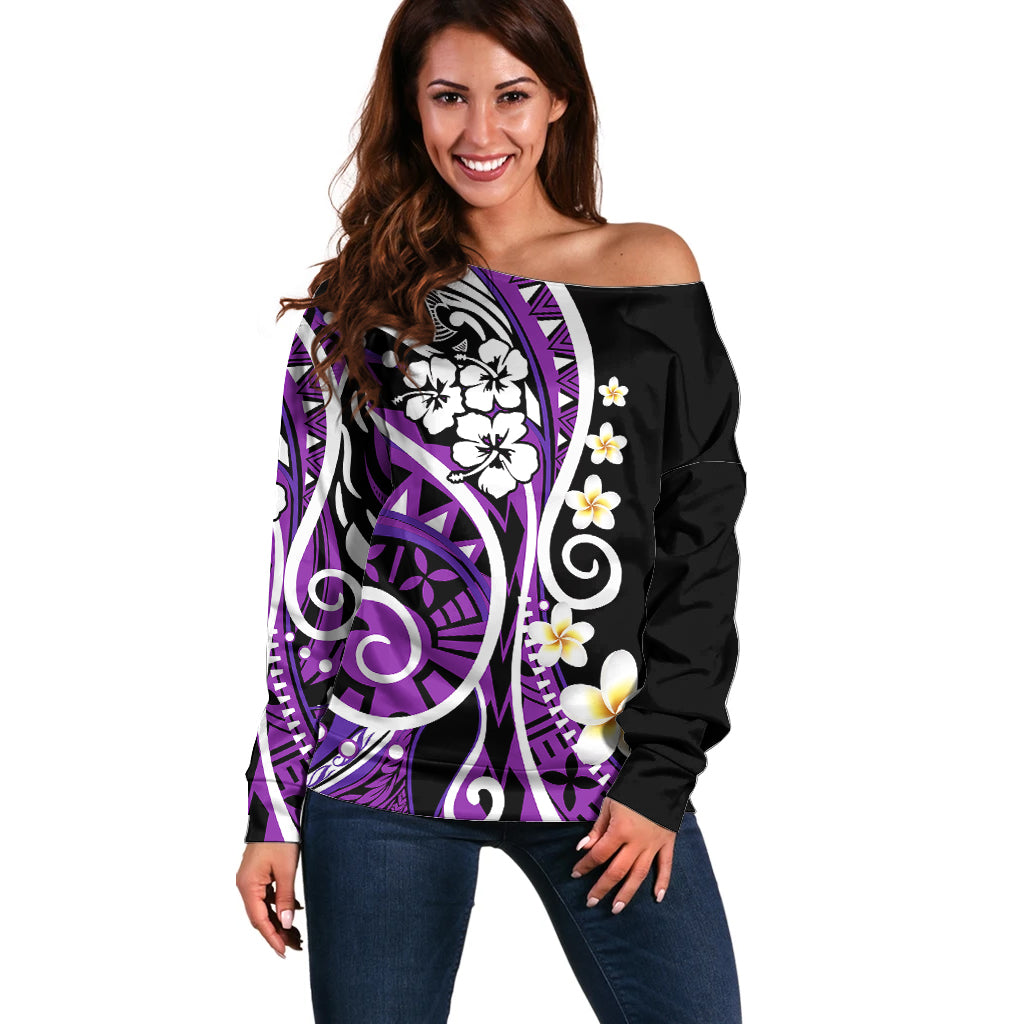 Plumeria Polynesian Off Shoulder Sweater Trending Purple LT6 - Wonder Print Shop