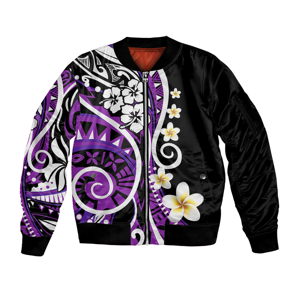 Plumeria Polynesian Sleeve Zip Bomber Jacket Trending Purple LT6 - Wonder Print Shop