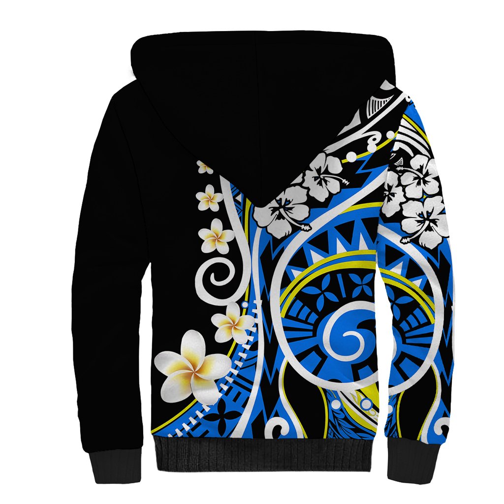 Sherpa-lined unisex hoodie, black back with large blue circular motif and floral prints