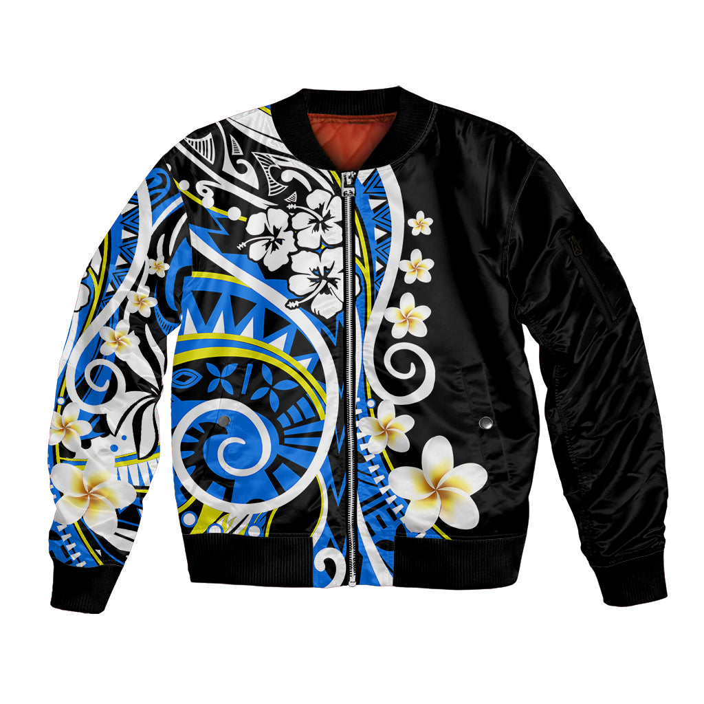 Plumeria Polynesian Sleeve Zip Bomber Jacket Trending Blue LT6 - Wonder Print Shop