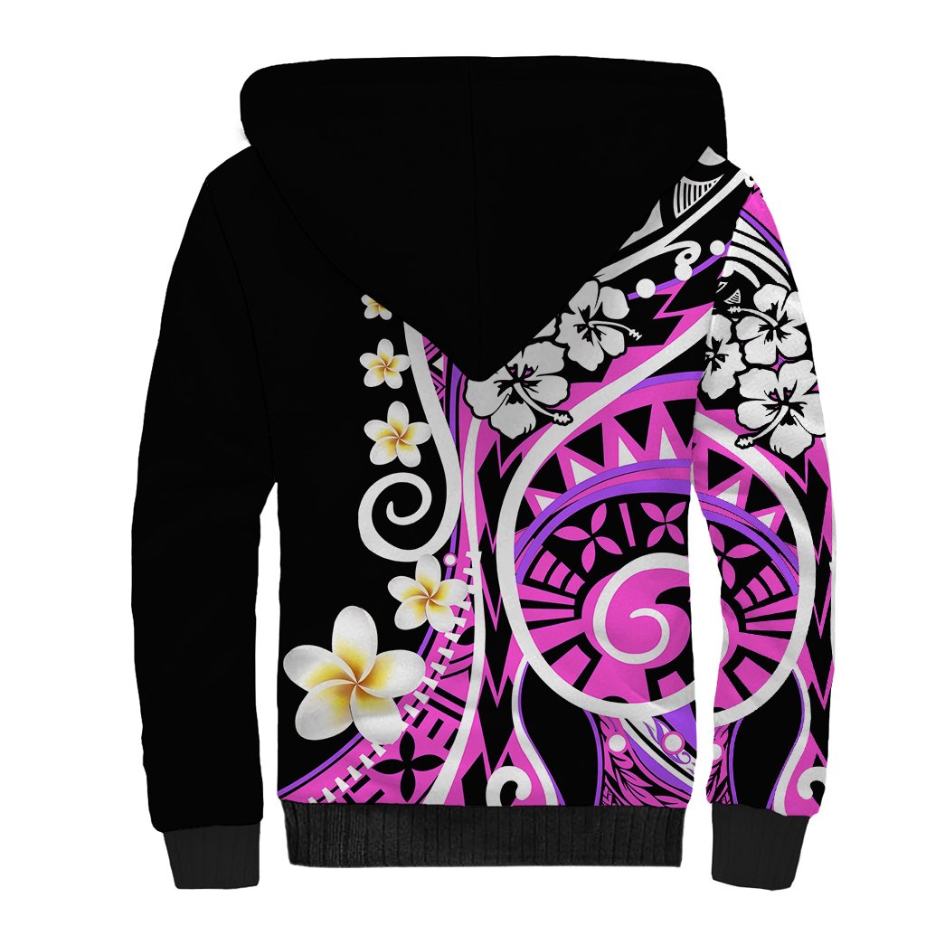 Black sherpa hoodie with hood, pink elephant graphic and yellow-white floral print