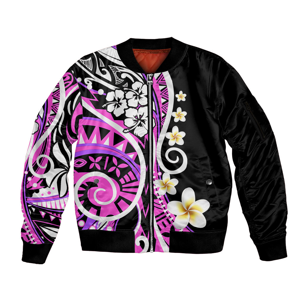 Plumeria Polynesian Sleeve Zip Bomber Jacket Trending Pink LT6 - Wonder Print Shop