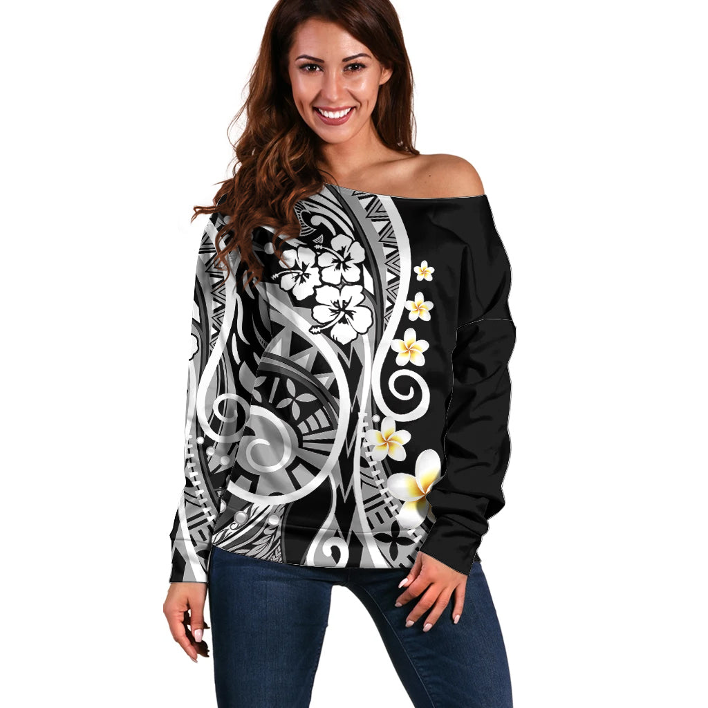 Plumeria Polynesian Off Shoulder Sweater Trending Black LT6 - Wonder Print Shop