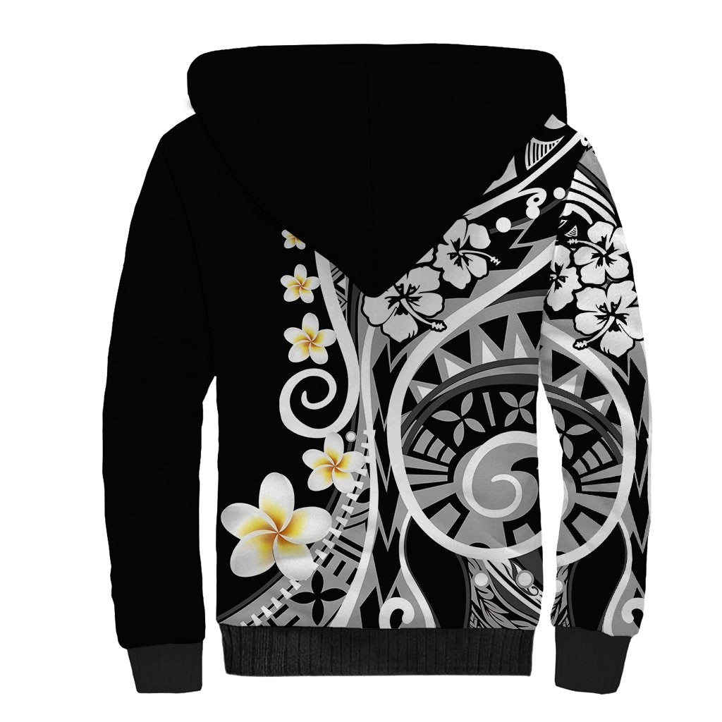 Black unisex sherpa-lined hoodie with large tribal elephant print and plumeria flowers