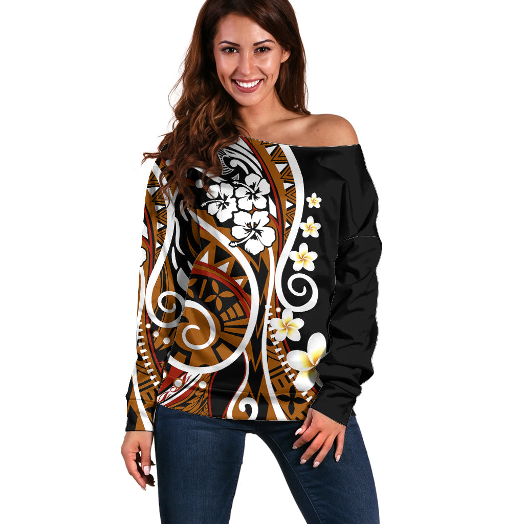 Plumeria Polynesian Off Shoulder Sweater Trending Brown LT6 - Wonder Print Shop