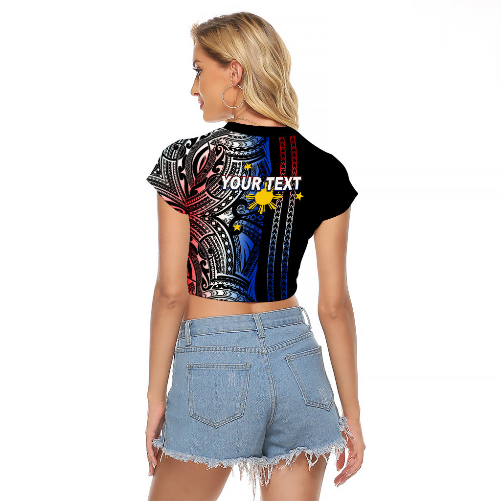 Custom Philippines Raglan Cropped T Shirt Polynesian Tribal Black LT6 - Wonder Print Shop