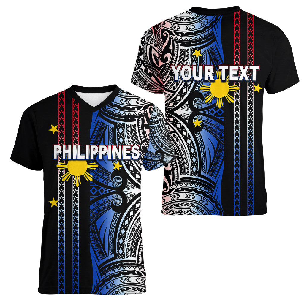Custom Philippines Women V Neck T Shirt Polynesian Tribal Black LT6 - Wonder Print Shop