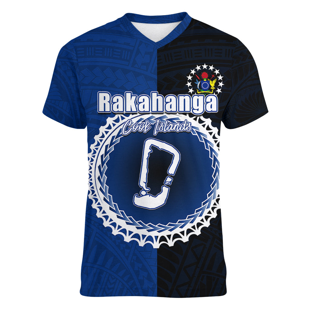 Custom Rakahanga Of Cook Islands Women V Neck T Shirt Mix Half Black LT6 - Wonder Print Shop