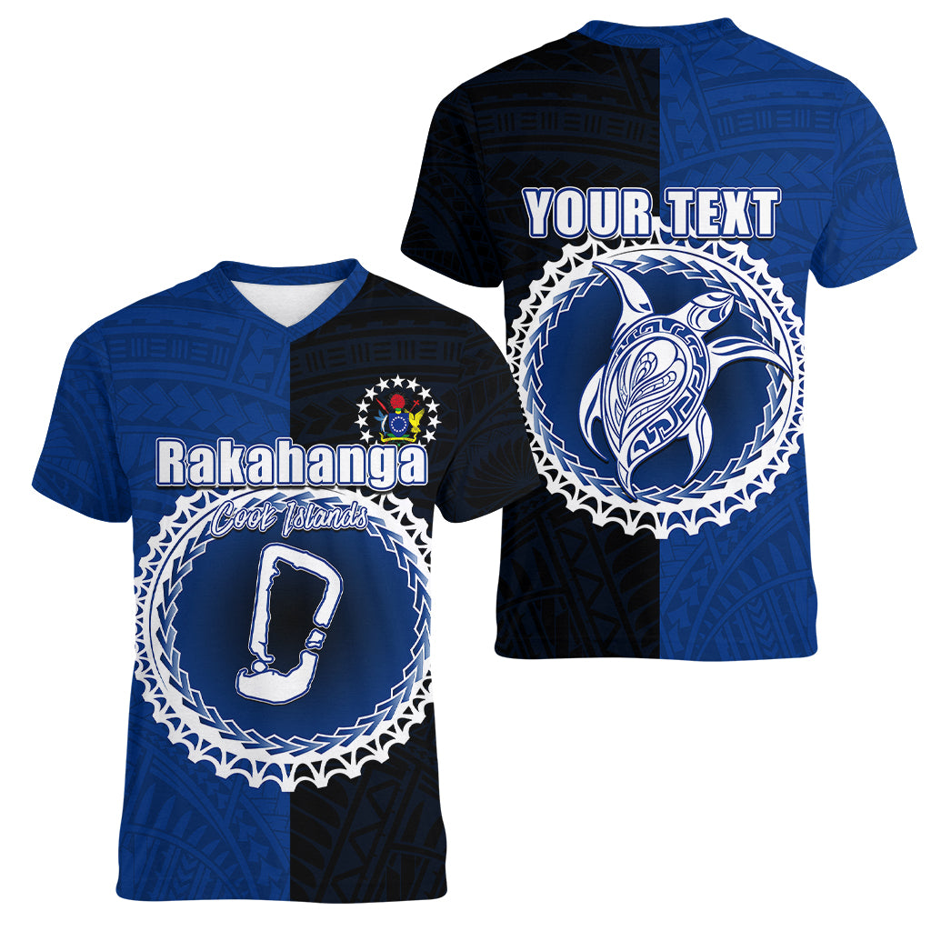 Custom Rakahanga Of Cook Islands Women V Neck T Shirt Mix Half Black LT6 - Wonder Print Shop