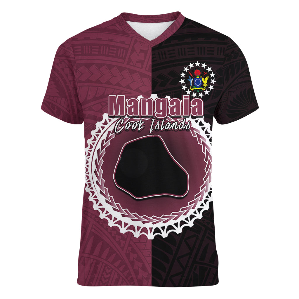 Custom Mangaia Of Cook Islands Women V Neck T Shirt Mix Half Black LT6 - Wonder Print Shop