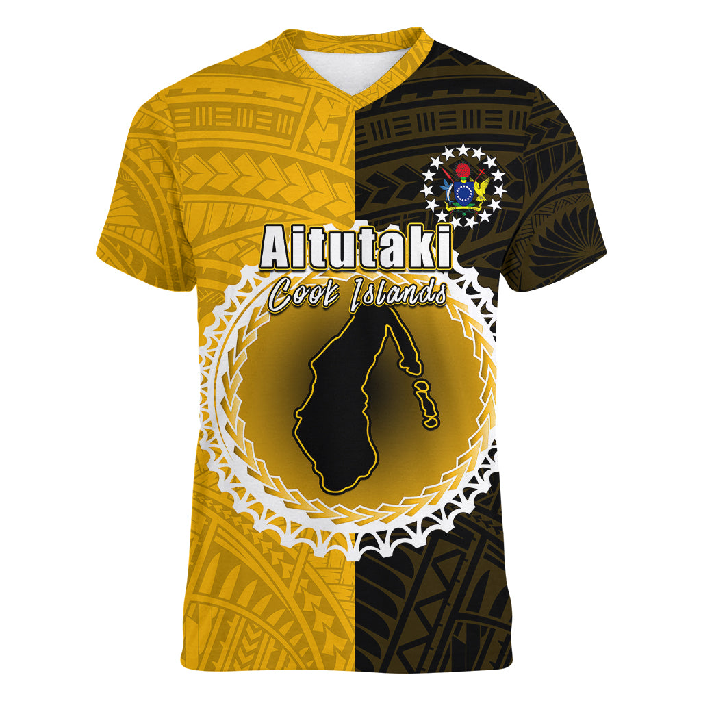 Custom Atutaki Of Cook Islands Women V Neck T Shirt Mix Half Black LT6 - Wonder Print Shop