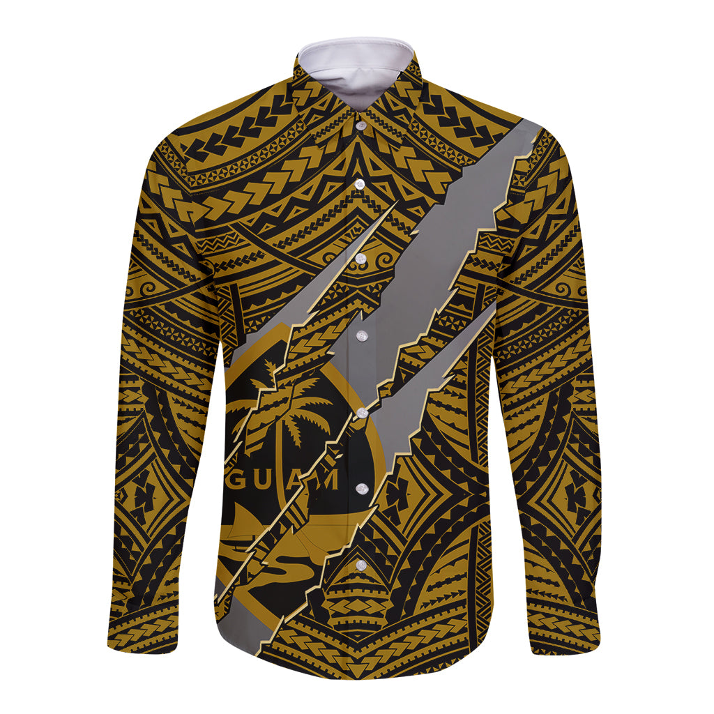 Polynesian Guam Long Sleeve Button Shirt with Coat Of Arms Claws Style - Gold LT6 - Wonder Print Shop