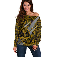 Polynesian Guam Off Shoulder Sweater with Coat Of Arms Claws Style - Gold LT6 - Wonder Print Shop