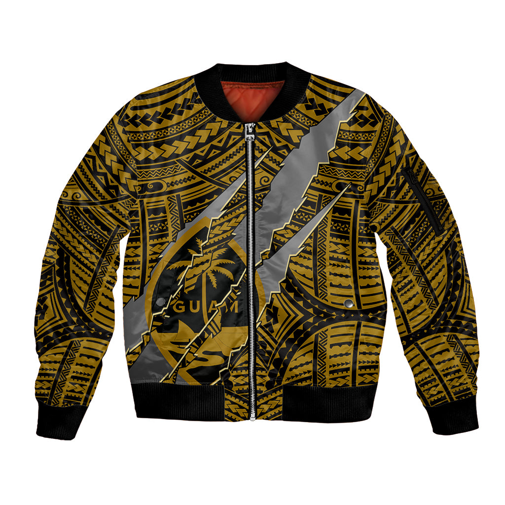 Polynesian Guam Sleeve Zip Bomber Jacket with Coat Of Arms Claws Style - Gold LT6 - Wonder Print Shop