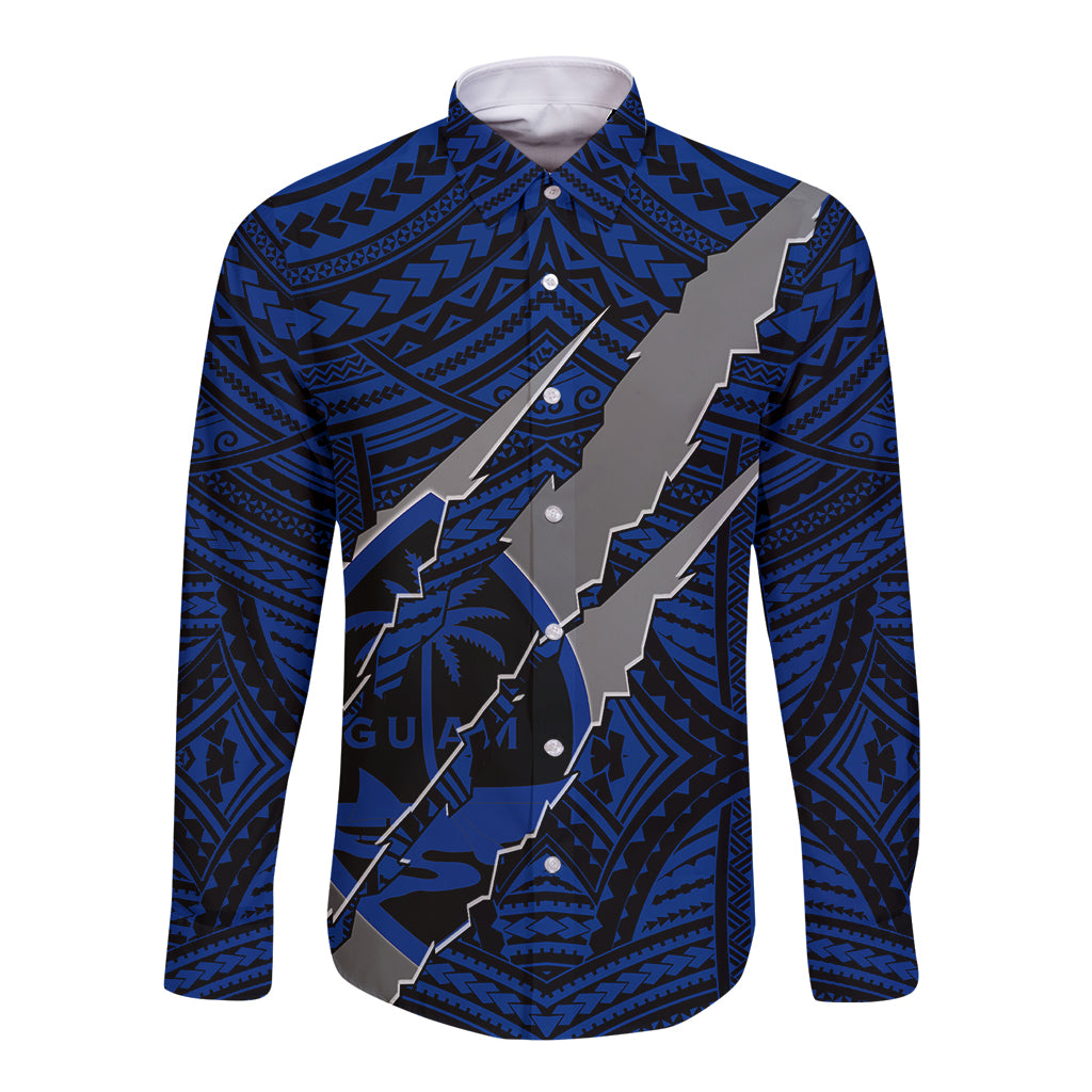 Polynesian Guam Long Sleeve Button Shirt with Coat Of Arms Claws Style - Blue LT6 - Wonder Print Shop
