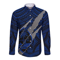 Polynesian Guam Long Sleeve Button Shirt with Coat Of Arms Claws Style - Blue LT6 - Wonder Print Shop