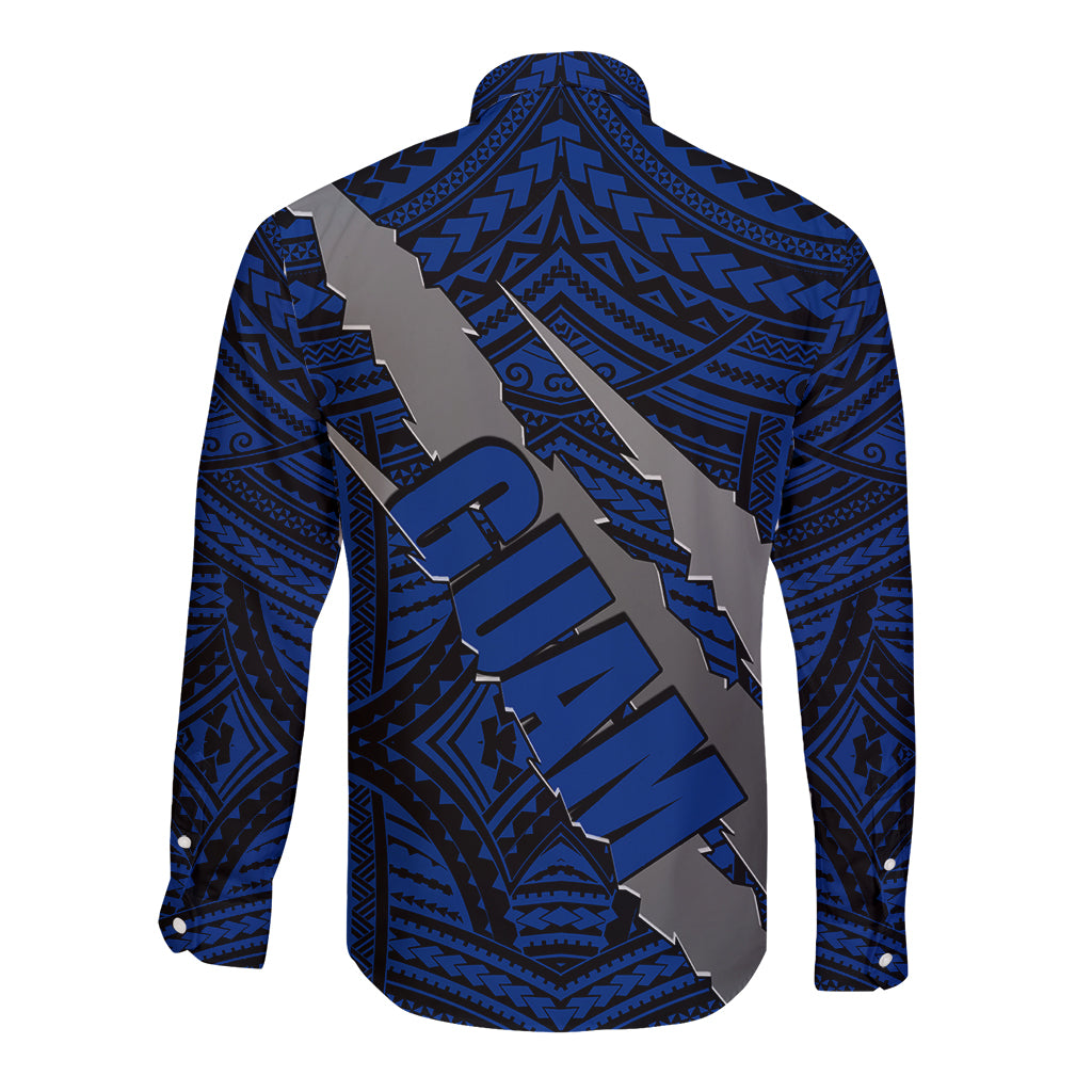 Polynesian Guam Long Sleeve Button Shirt with Coat Of Arms Claws Style - Blue LT6 - Wonder Print Shop