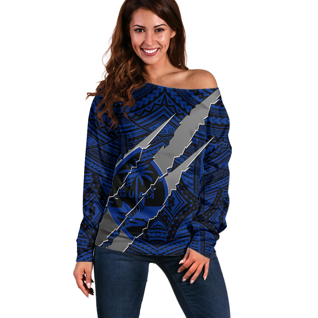 Polynesian Guam Off Shoulder Sweater with Coat Of Arms Claws Style - Blue LT6 - Wonder Print Shop