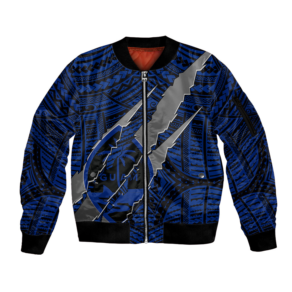 Polynesian Guam Sleeve Zip Bomber Jacket with Coat Of Arms Claws Style - Blue LT6 - Wonder Print Shop