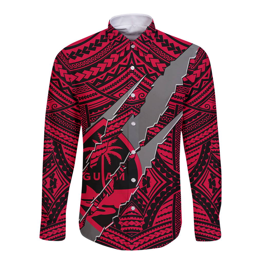 Polynesian Guam Long Sleeve Button Shirt with Coat Of Arms Claws Style - Red LT6 - Wonder Print Shop