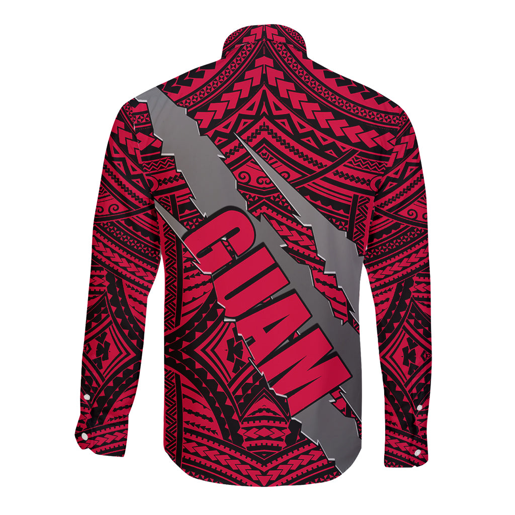 Polynesian Guam Long Sleeve Button Shirt with Coat Of Arms Claws Style - Red LT6 - Wonder Print Shop