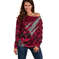 Polynesian Guam Off Shoulder Sweater with Coat Of Arms Claws Style - Red LT6 - Wonder Print Shop