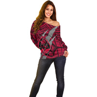 Polynesian Guam Off Shoulder Sweater with Coat Of Arms Claws Style - Red LT6 - Wonder Print Shop