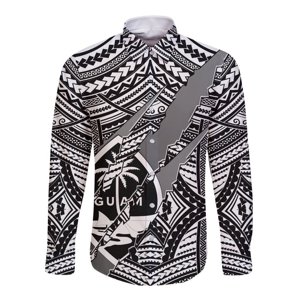 Polynesian Guam Long Sleeve Button Shirt with Coat Of Arms Claws Style - White LT6 - Wonder Print Shop