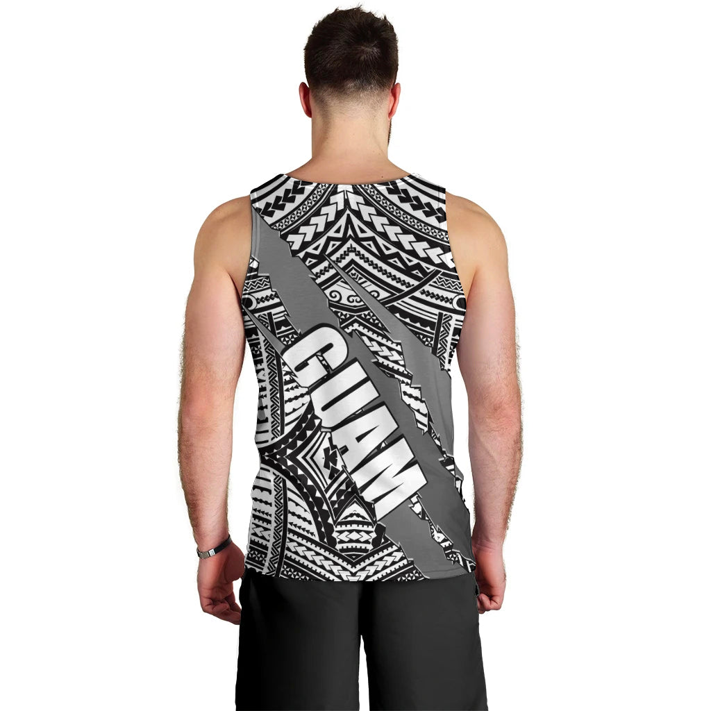 Men's black and white tribal graphic tank top, racerback, back view