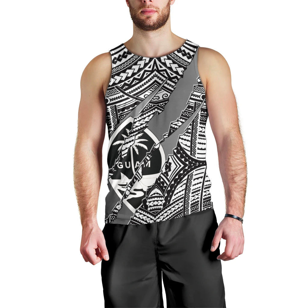 Men's black and white tribal graphic sleeveless tank top with crew neckline
