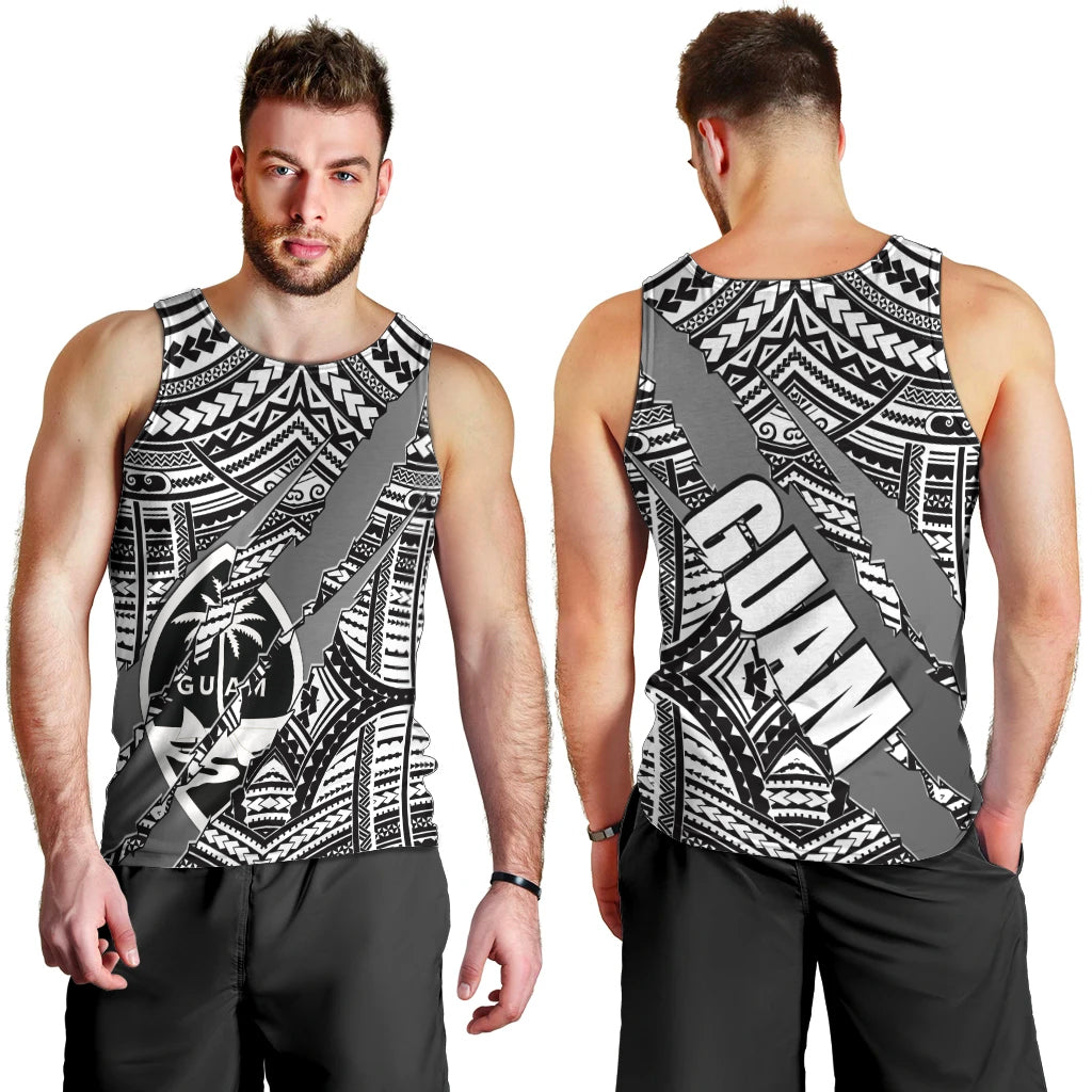 Men's black and white tribal graphic tank top, sleeveless, front and back angles