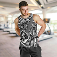 Men's black and white tribal graphic tank top on model, racerback sleeveless