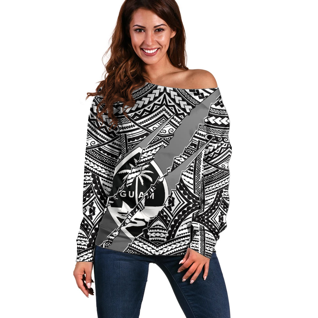 Polynesian Guam Off Shoulder Sweater with Coat Of Arms Claws Style - White LT6 - Wonder Print Shop